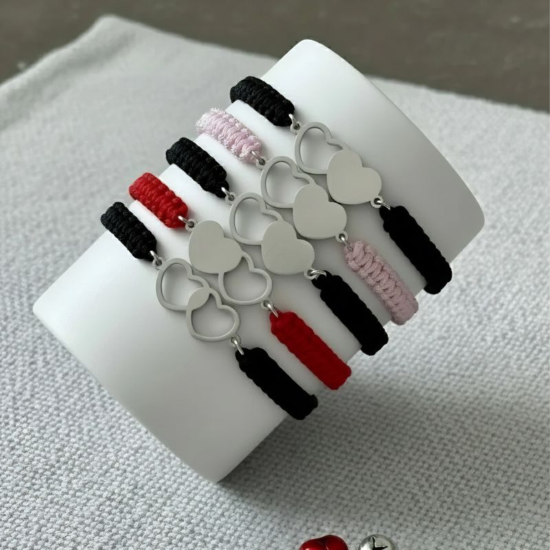 1 Pair Of Double Heart Knot Hand Ropes Black And Red Double Heart Stainless Steel Cord Braided Bracelet