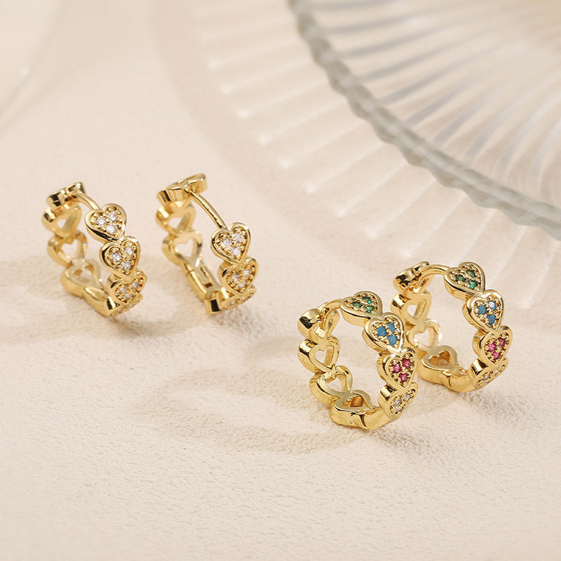 1 Pair Of Gold And White Diamond Heart Earrings Copper Diamond Heart Earrings