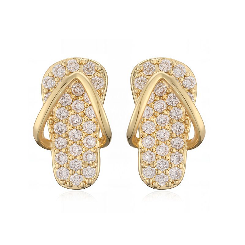 1 Pair Of Gold And White Diamond Hole Shoe Earrings Copper Inlaid Zirconium Hole Shoe Earrings