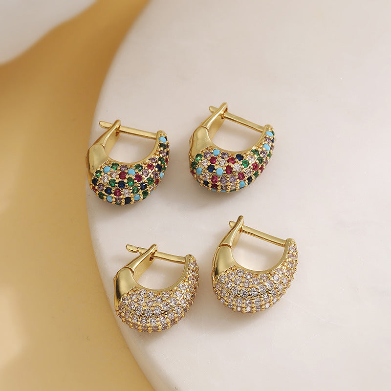 1 Pair Of Gold Colored Diamond Oval U-shaped Earrings Copper Diamond Oval Earrings