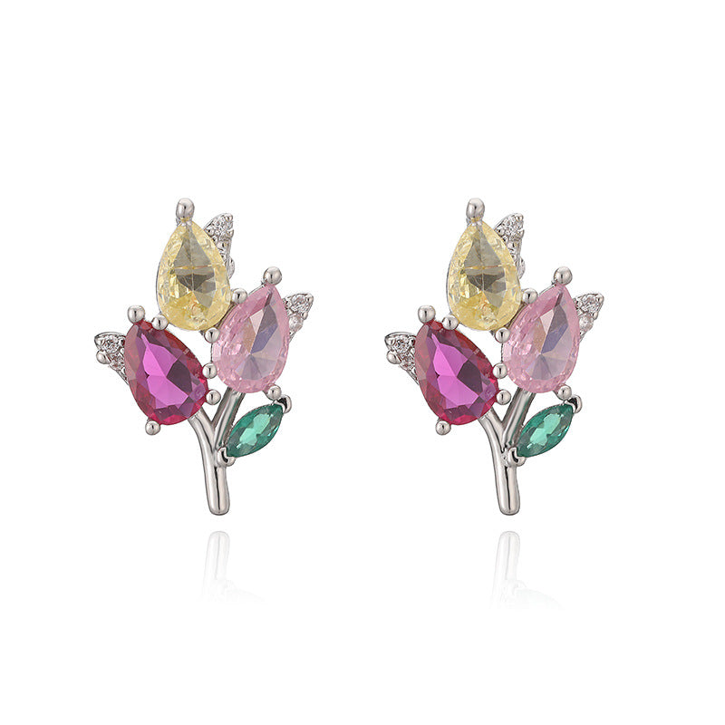 1 Pair Of Gold Colored Diamond Tulip Earrings Copper Diamond Flower Earrings