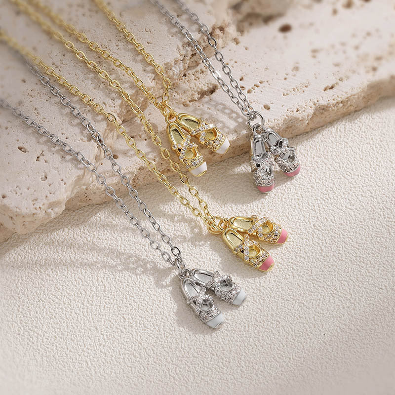 1 Pair Of Gold White Diamond And Pink Ballet Shoe Earrings Copper Diamond-studded Oil-drip Dance Shoe Earrings