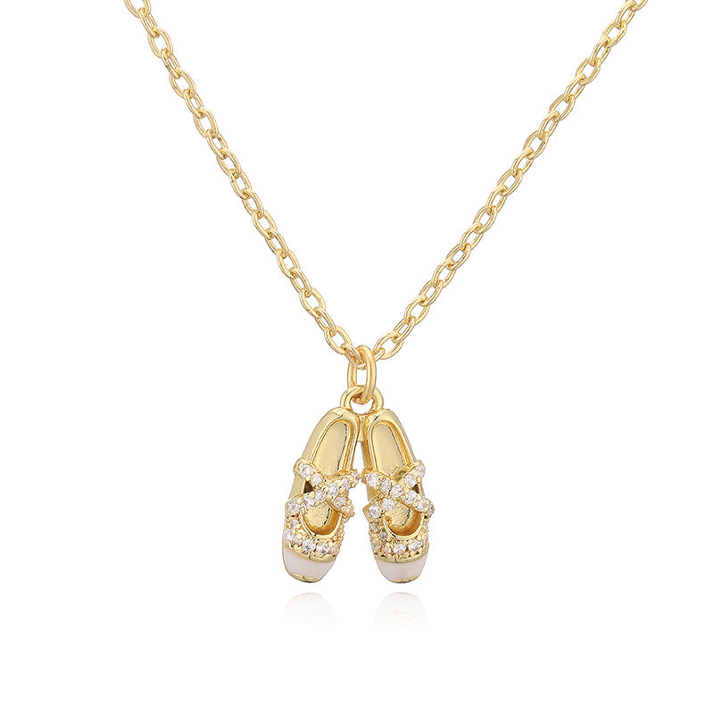 1 Pair Of Gold White Diamond And Pink Ballet Shoe Earrings Copper Diamond-studded Oil-drip Dance Shoe Earrings