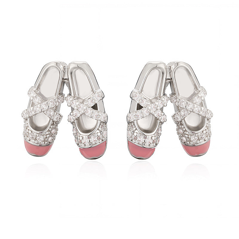 1 Pair Of Gold White Diamond And Pink Ballet Shoe Earrings Copper Diamond-studded Oil-drip Dance Shoe Earrings