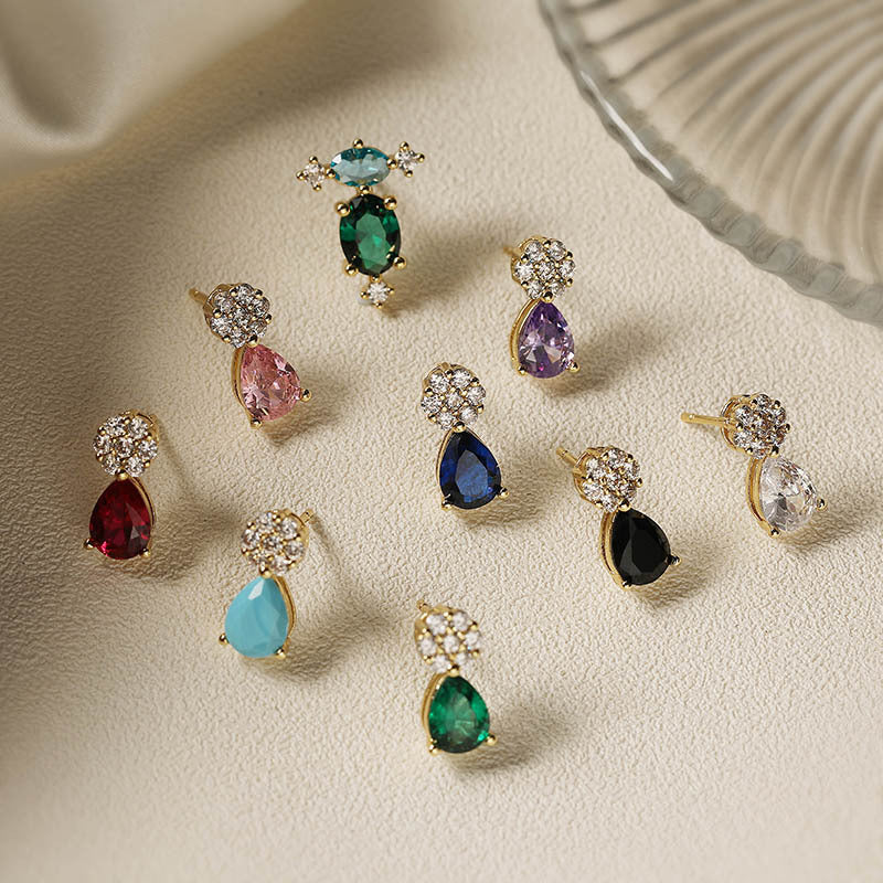 1 Pair Of Gold White Diamond Flower Core Red Teardrop Earrings Copper Diamond Teardrop Earrings