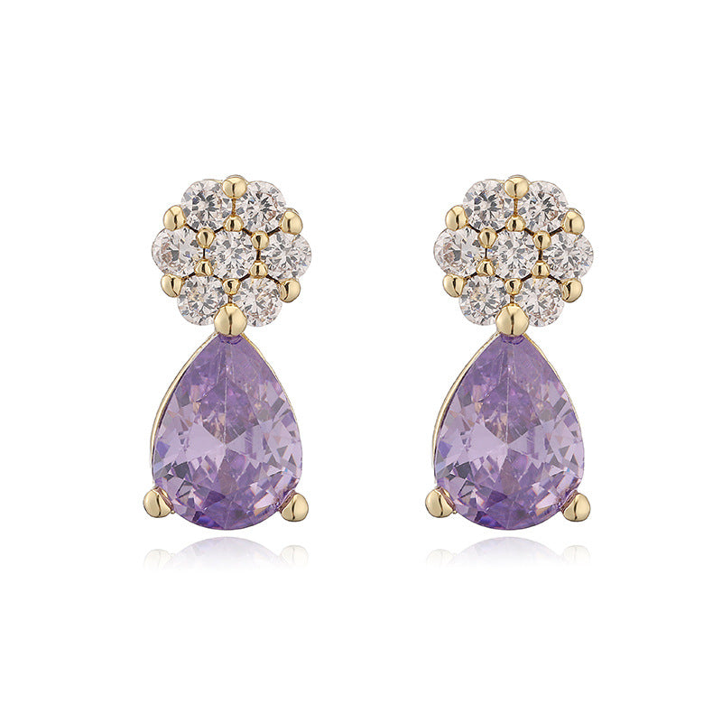 1 Pair Of Gold White Diamond Flower Core Red Teardrop Earrings Copper Diamond Teardrop Earrings