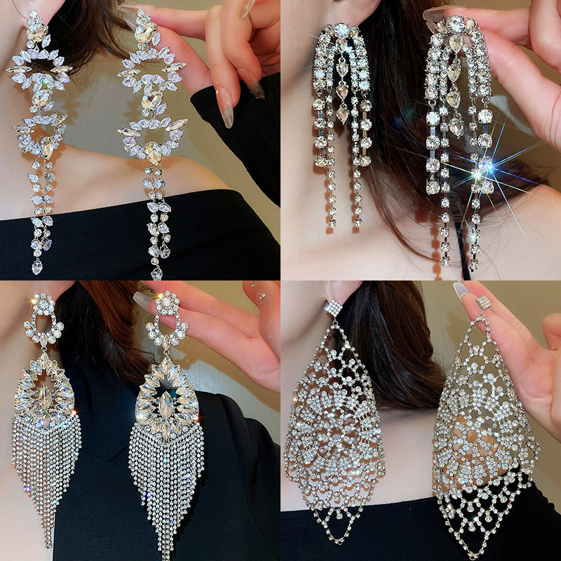 #1 Silver Needle - Silver Diamond-studded Tassel Metal And Diamond Tassel Earrings