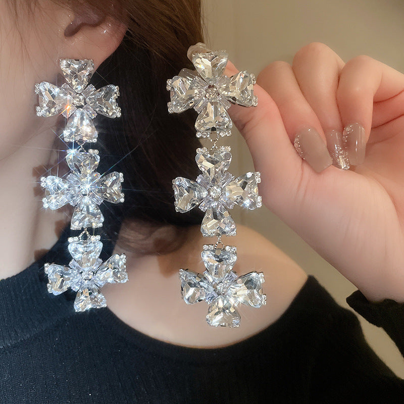 #1 Silver Needle - Silver Diamond-studded Tassel Metal And Diamond Tassel Earrings