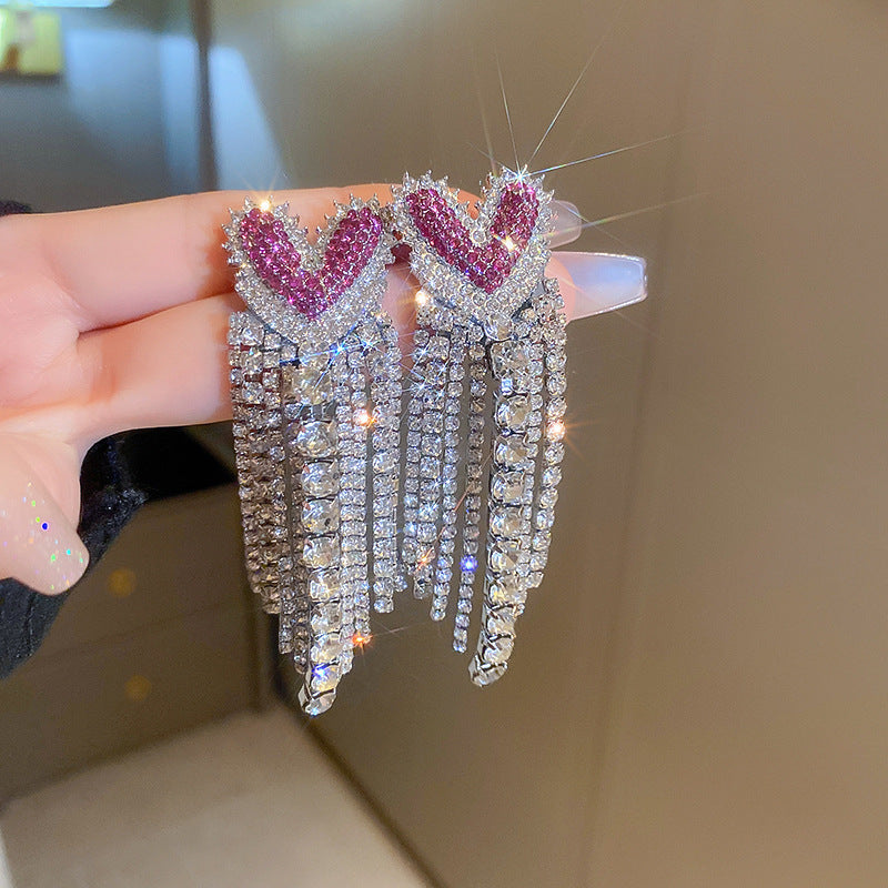 #1 Silver Needle - Silver Diamond-studded Tassel Metal And Diamond Tassel Earrings