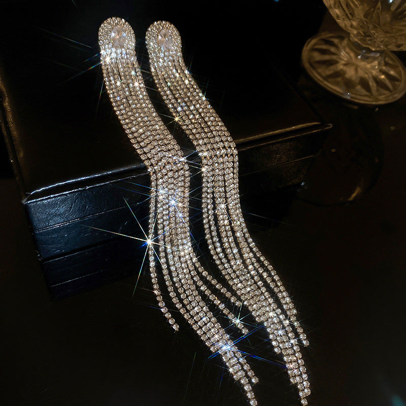 #1 Silver Needle - Silver Diamond-studded Tassel Metal And Diamond Tassel Earrings