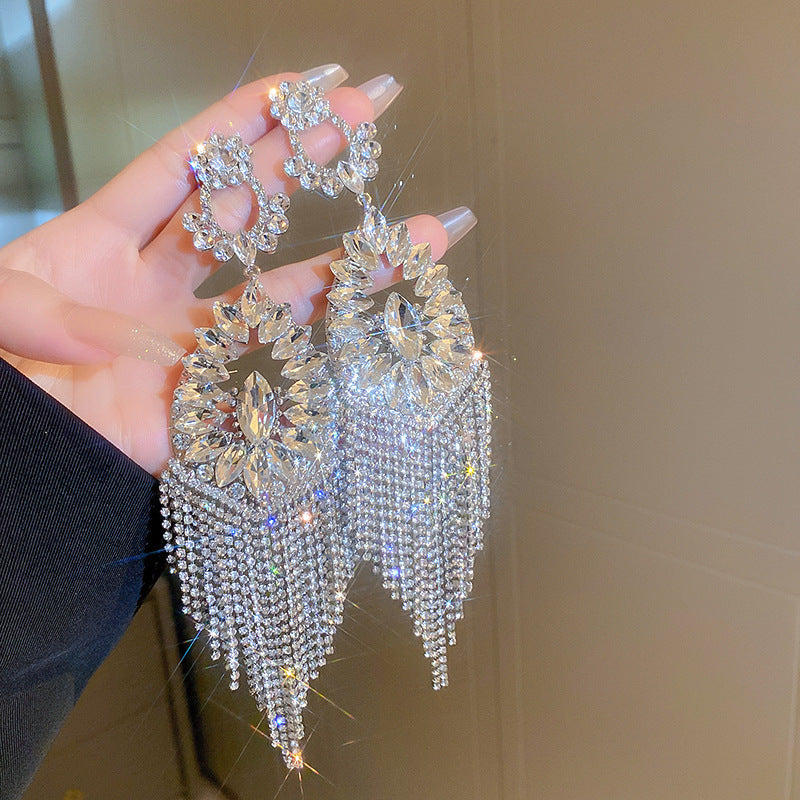 #1 Silver Needle - Silver Diamond-studded Tassel Metal And Diamond Tassel Earrings