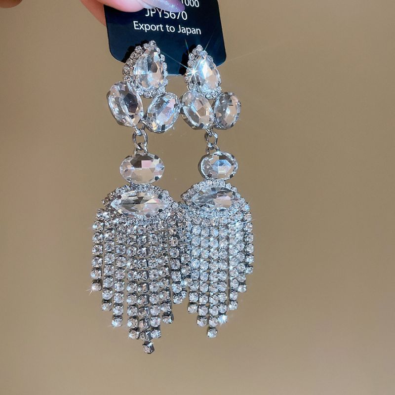 #1 Silver Needle - Silver Diamond-studded Tassel Metal And Diamond Tassel Earrings