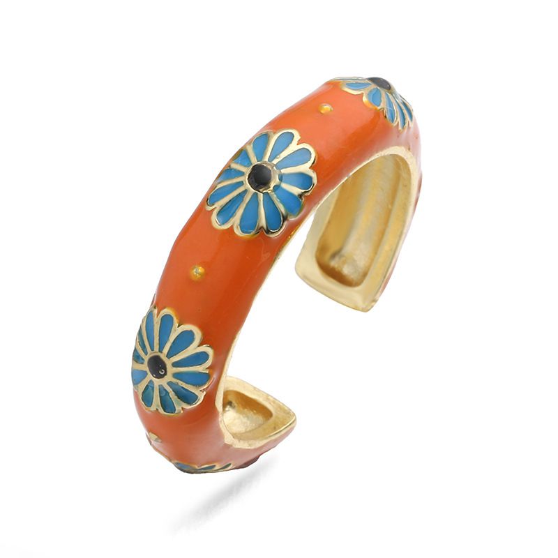 1 White Daisy Ring Copper Oil-drip Colorblock Petal Ring