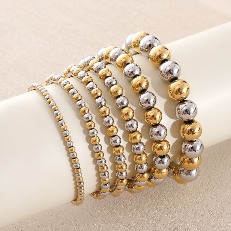 10mm Two-tone Gold And Steel Stainless Steel Beaded Bracelet For Women 18cm Stainless Steel Colorblock Beaded Bracelet