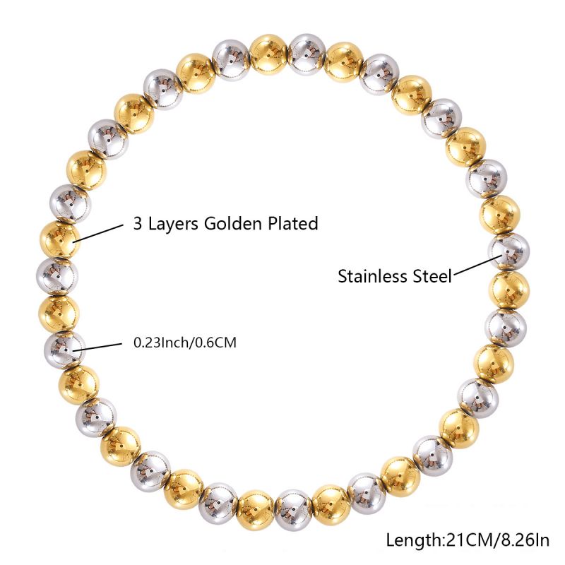 10mm Two-tone Gold And Steel Stainless Steel Beaded Bracelet For Women 18cm Stainless Steel Colorblock Beaded Bracelet