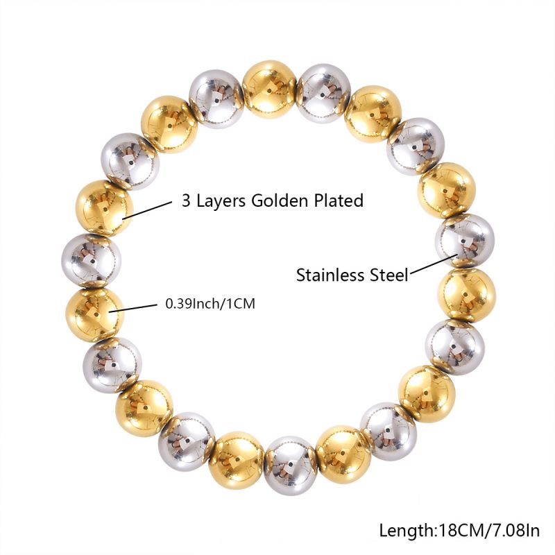 10mm Two-tone Gold And Steel Stainless Steel Beaded Bracelet For Women 18cm Stainless Steel Colorblock Beaded Bracelet