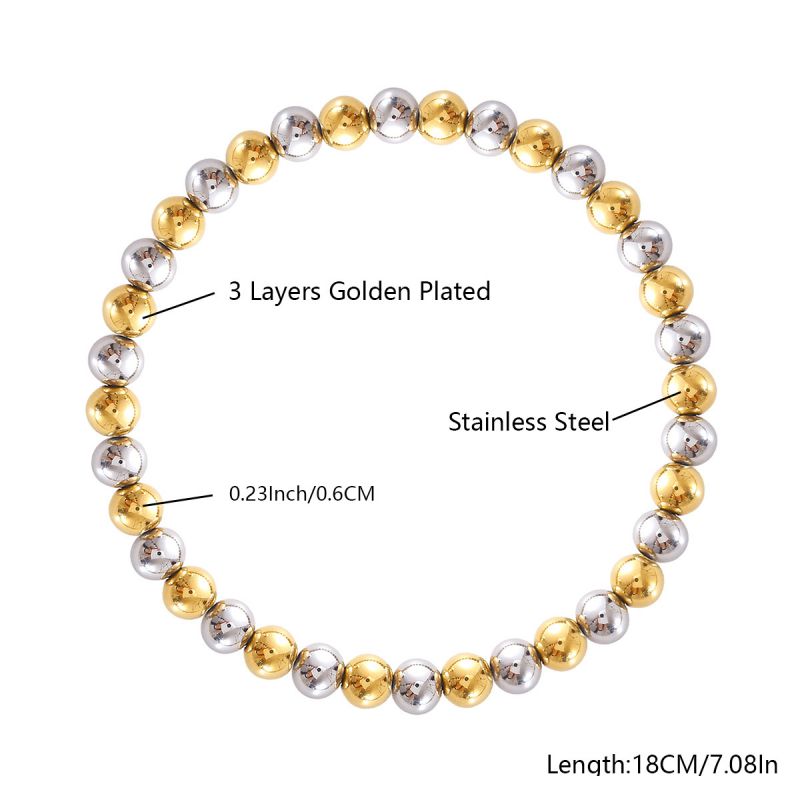 10mm Two-tone Gold And Steel Stainless Steel Beaded Bracelet For Women 18cm Stainless Steel Colorblock Beaded Bracelet