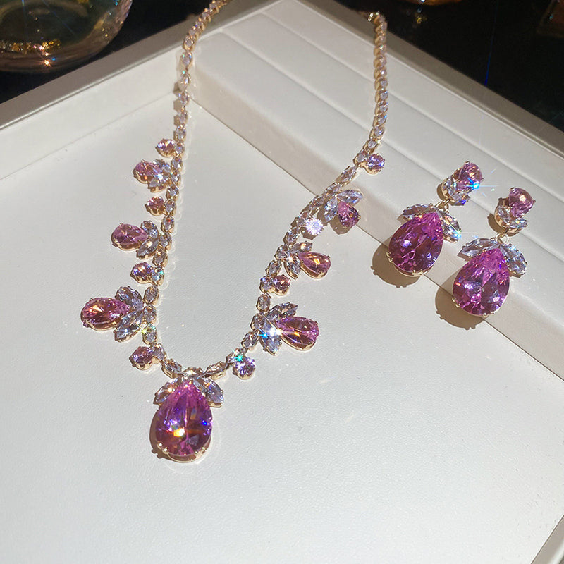 56# Necklace - Silver Copper And Diamond-encrusted Teardrop Necklace And Earring Set