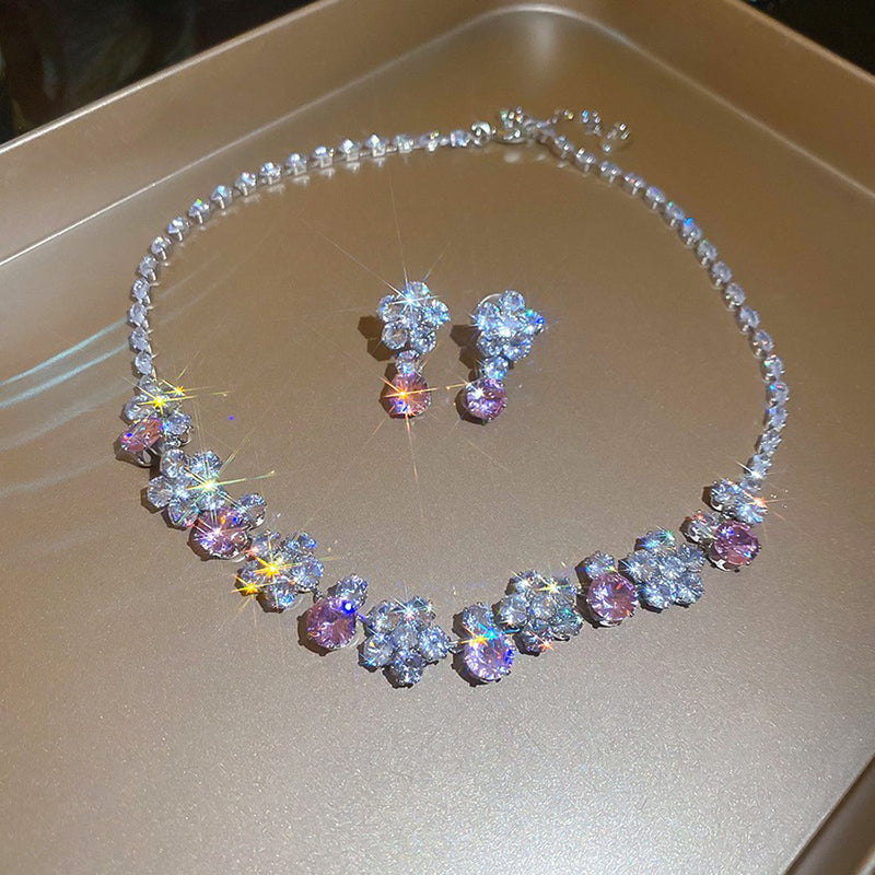 56# Necklace - Silver Copper And Diamond-encrusted Teardrop Necklace And Earring Set