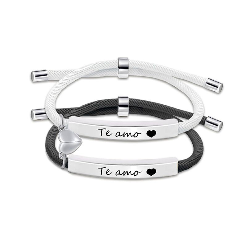 9 Black And White Couple Bracelets Silver Stainless Steel Engraved Woven Magnetic Bracelet