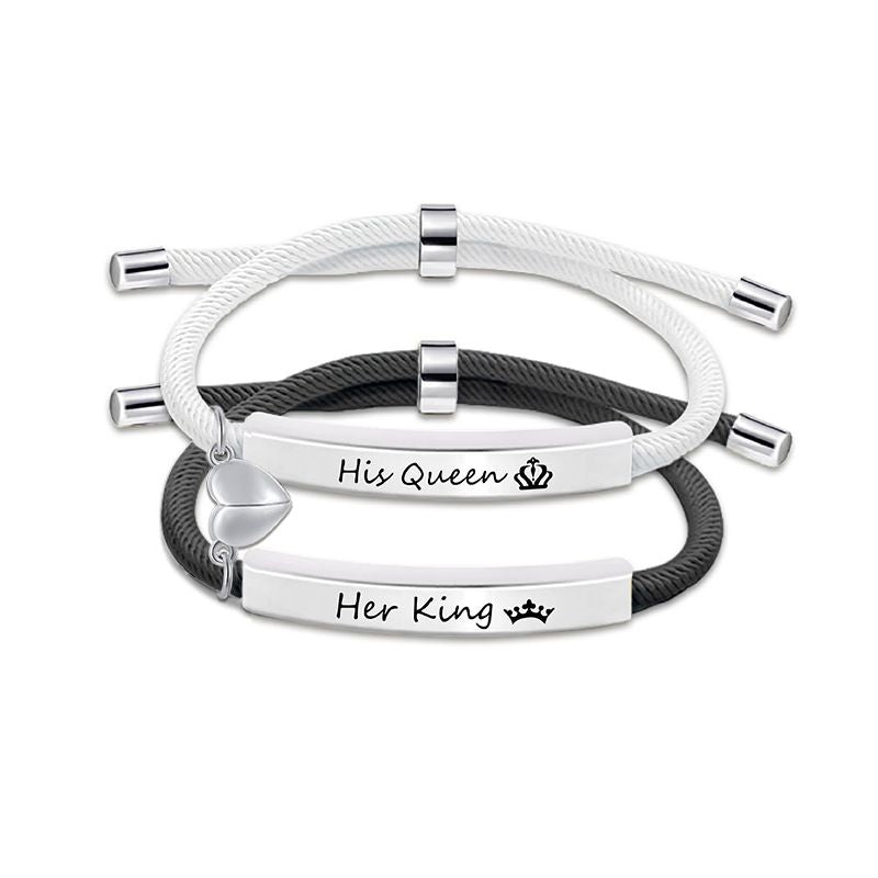 9 Black And White Couple Bracelets Silver Stainless Steel Engraved Woven Magnetic Bracelet