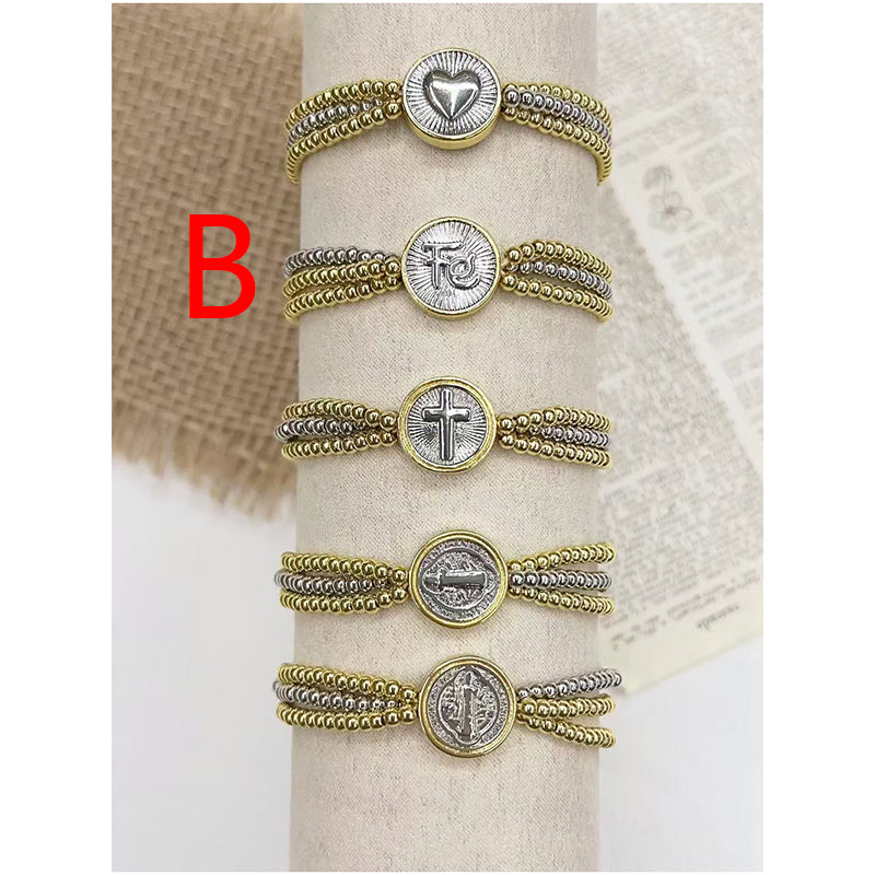 A Color-blocked Religious Series Multi-layered Beaded Copper Bracelet