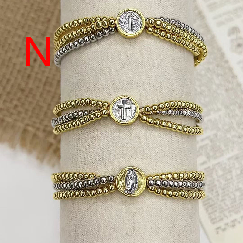 A Color-blocked Religious Series Multi-layered Beaded Copper Bracelet