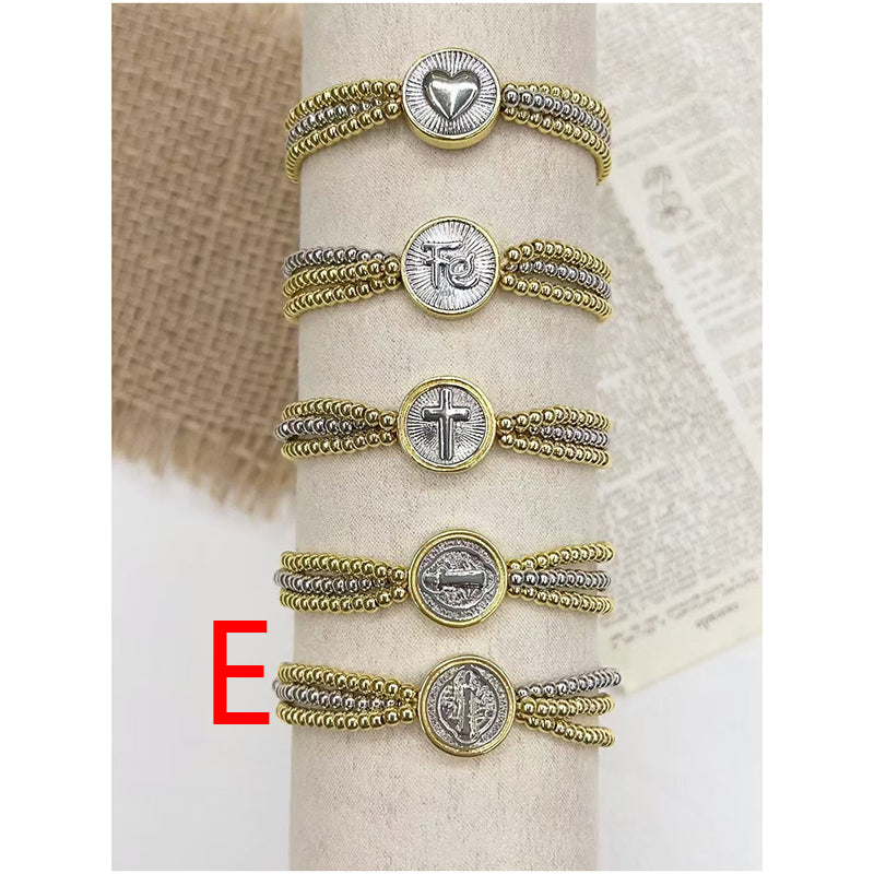 A Color-blocked Religious Series Multi-layered Beaded Copper Bracelet