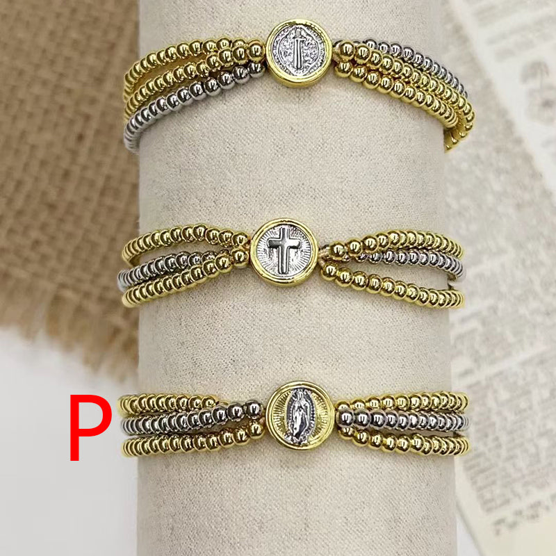 A Color-blocked Religious Series Multi-layered Beaded Copper Bracelet