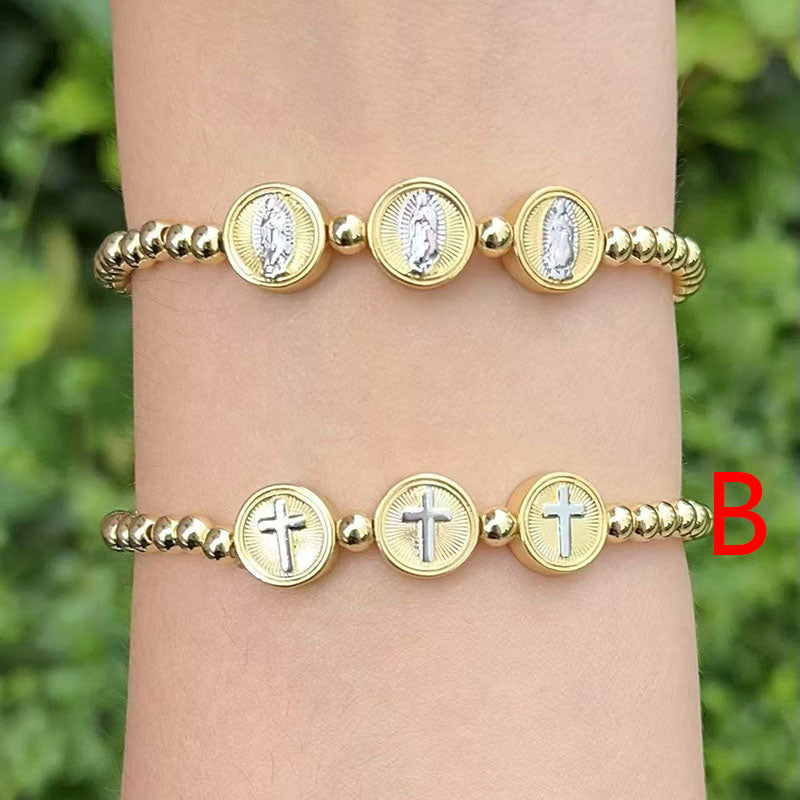 A Copper And Gold-plated Beaded Color-blocked Portrait Cross Bracelet