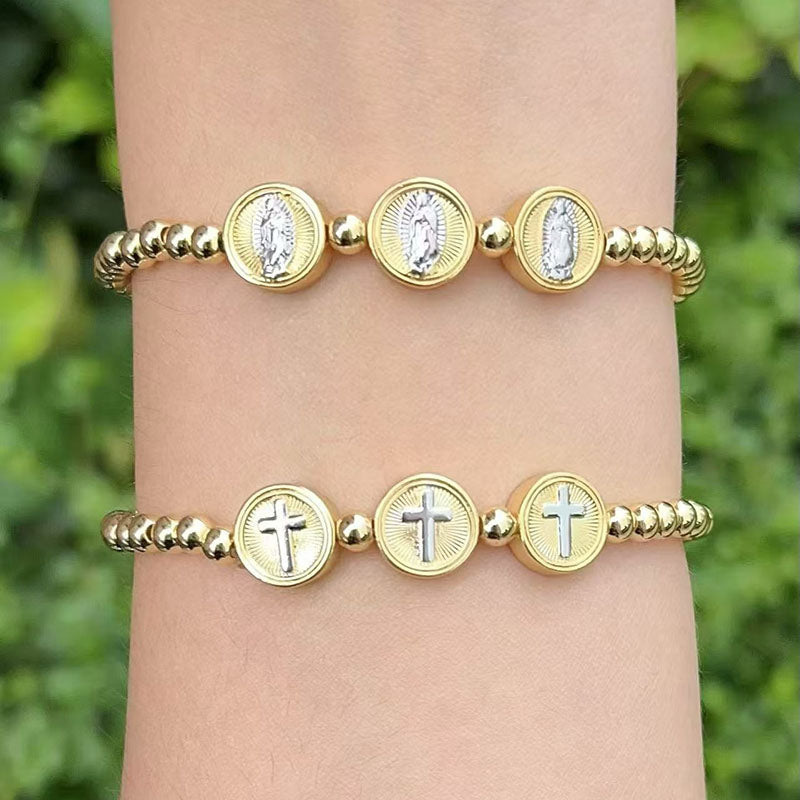 A Copper And Gold-plated Beaded Color-blocked Portrait Cross Bracelet