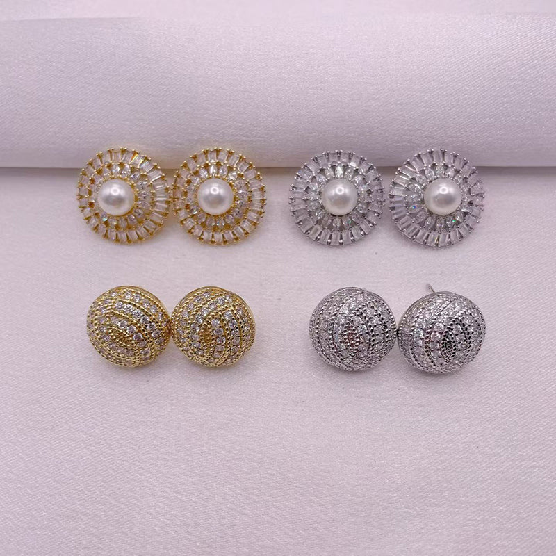 A Copper Diamond Pearl Stud Earrings