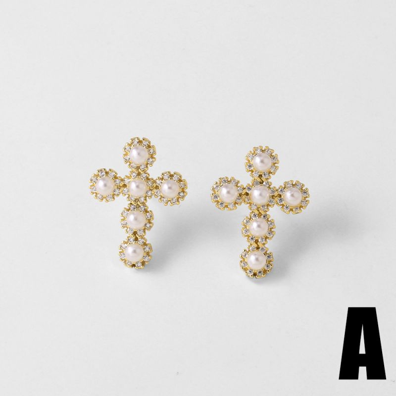 A Copper Gold-plated Pearl Cross Earrings
