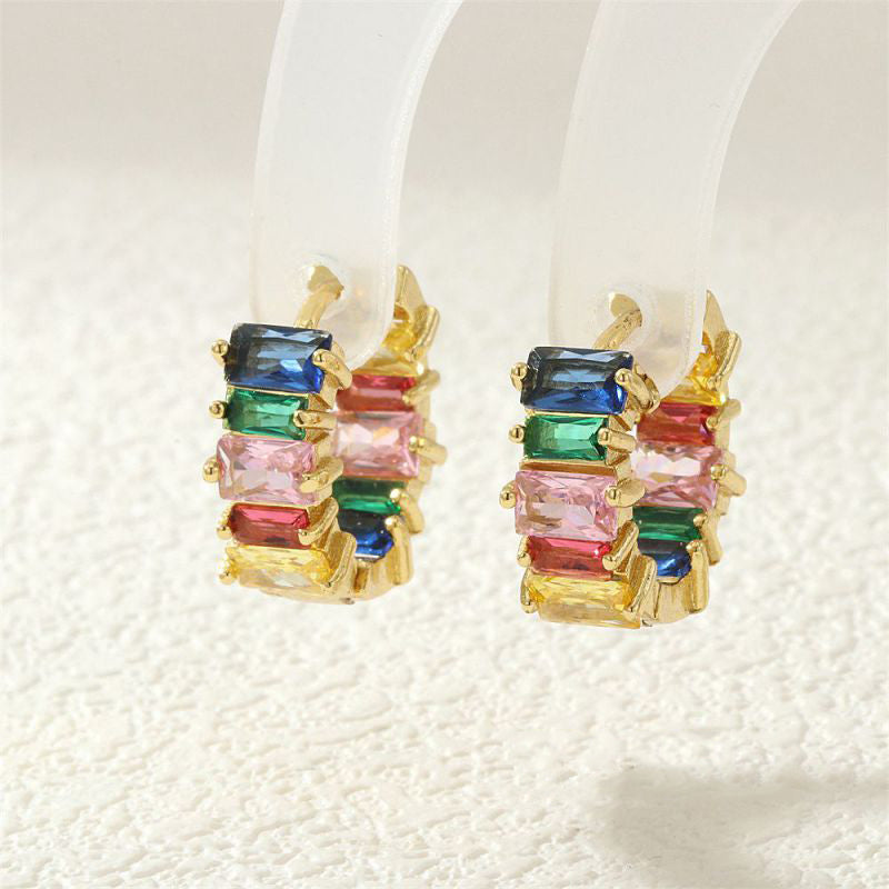 A Copper Gold-plated Round Earrings With Rectangular Diamonds