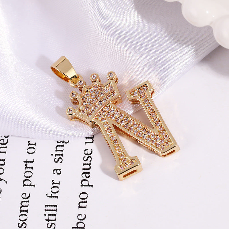 A (single Pendant) Gold Brass And Diamond-encrusted Crown Pendant With The Letters 26 (without Chain)