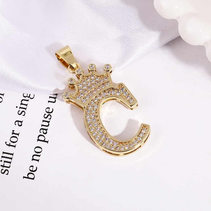 A (single Pendant) Gold Brass And Diamond-encrusted Crown Pendant With The Letters 26 (without Chain)