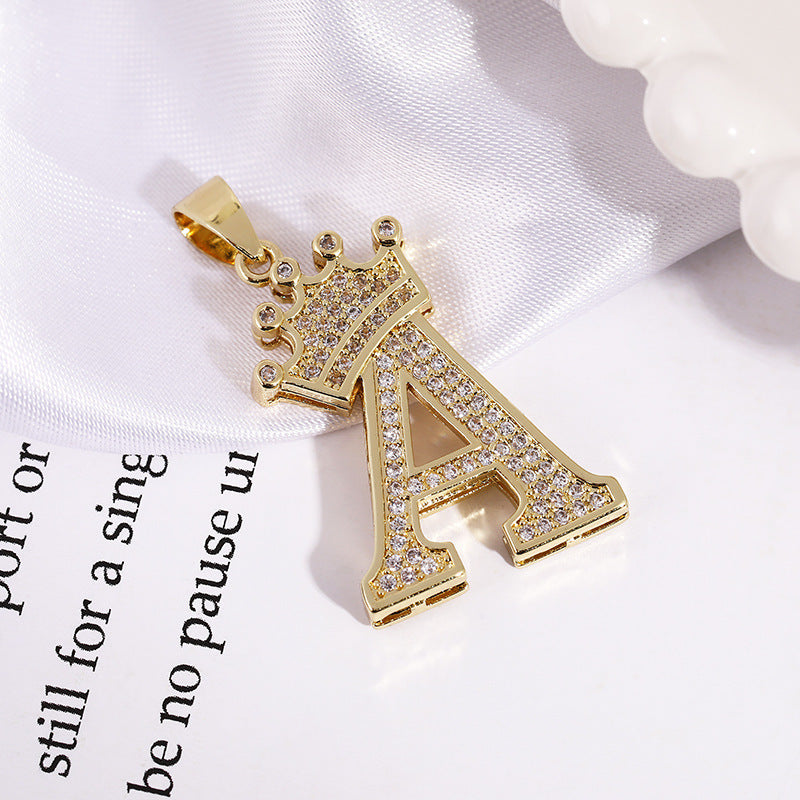 A (single Pendant) Gold Brass And Diamond-encrusted Crown Pendant With The Letters 26 (without Chain)