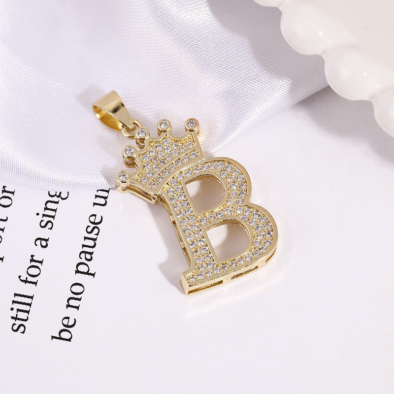 A (single Pendant) Gold Brass And Diamond-encrusted Crown Pendant With The Letters 26 (without Chain)