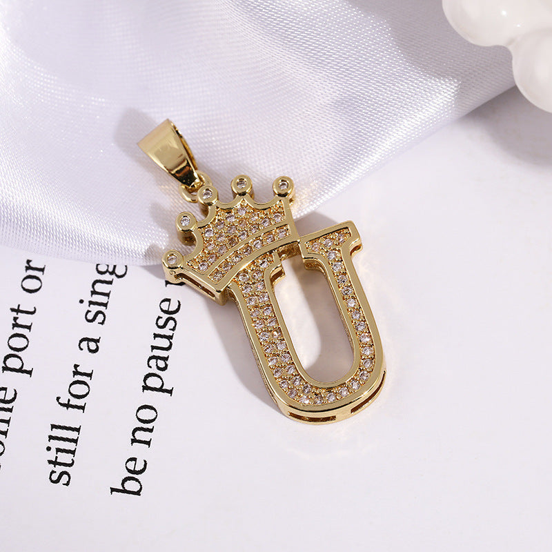 A (single Pendant) Gold Brass And Diamond-encrusted Crown Pendant With The Letters 26 (without Chain)