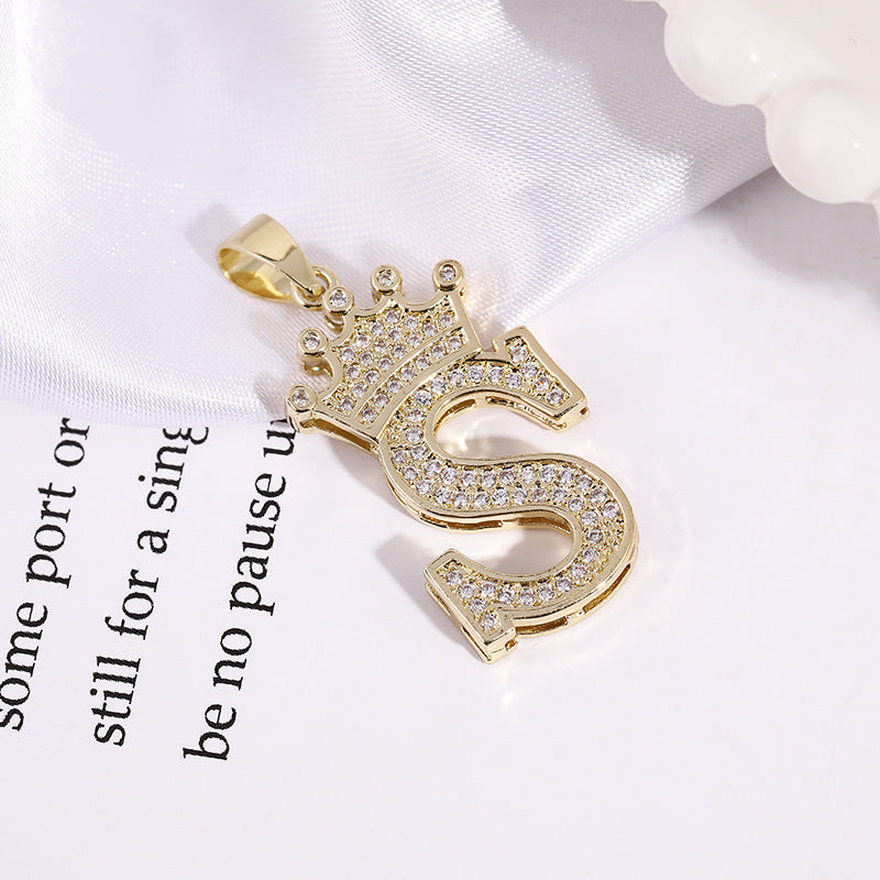 A (single Pendant) Gold Brass And Diamond-encrusted Crown Pendant With The Letters 26 (without Chain)