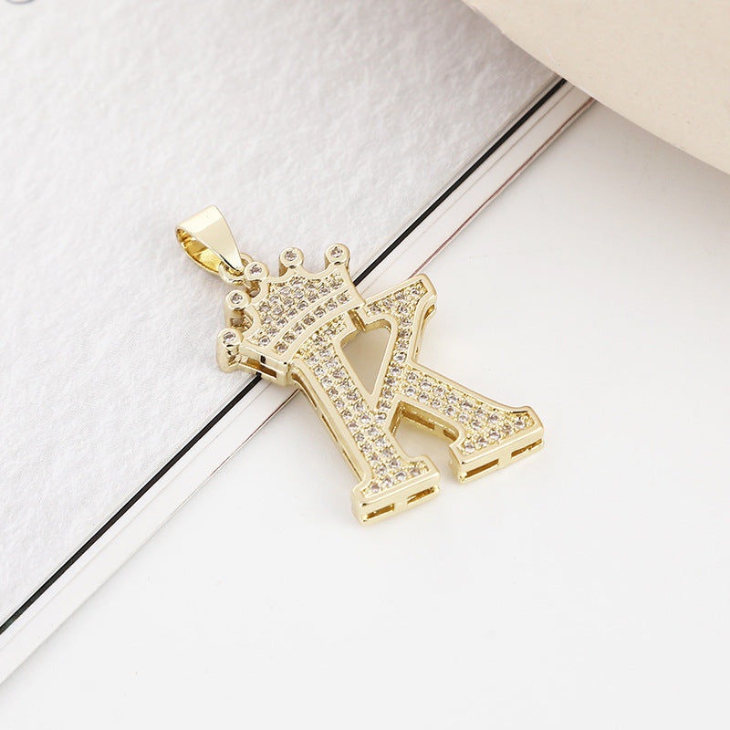 A (single Pendant) Gold Brass And Diamond-encrusted Crown Pendant With The Letters 26 (without Chain)