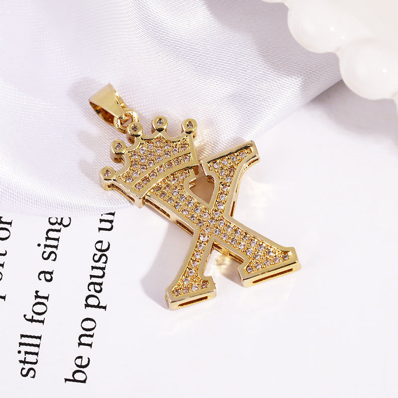 A (single Pendant) Gold Brass And Diamond-encrusted Crown Pendant With The Letters 26 (without Chain)