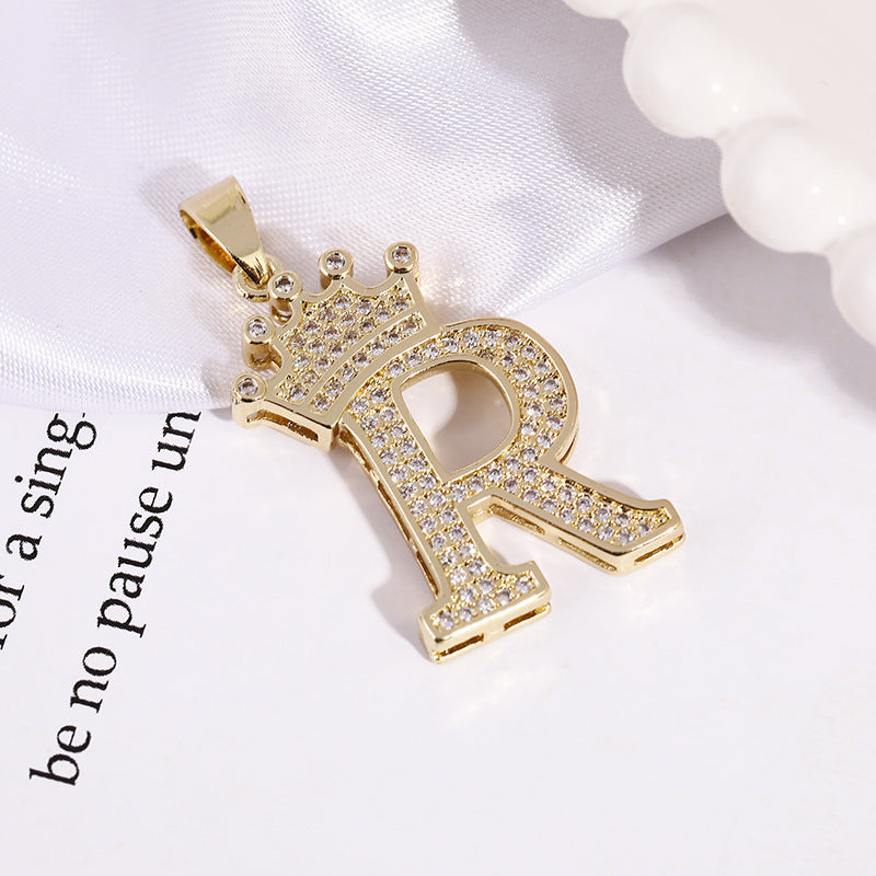 A (single Pendant) Gold Brass And Diamond-encrusted Crown Pendant With The Letters 26 (without Chain)
