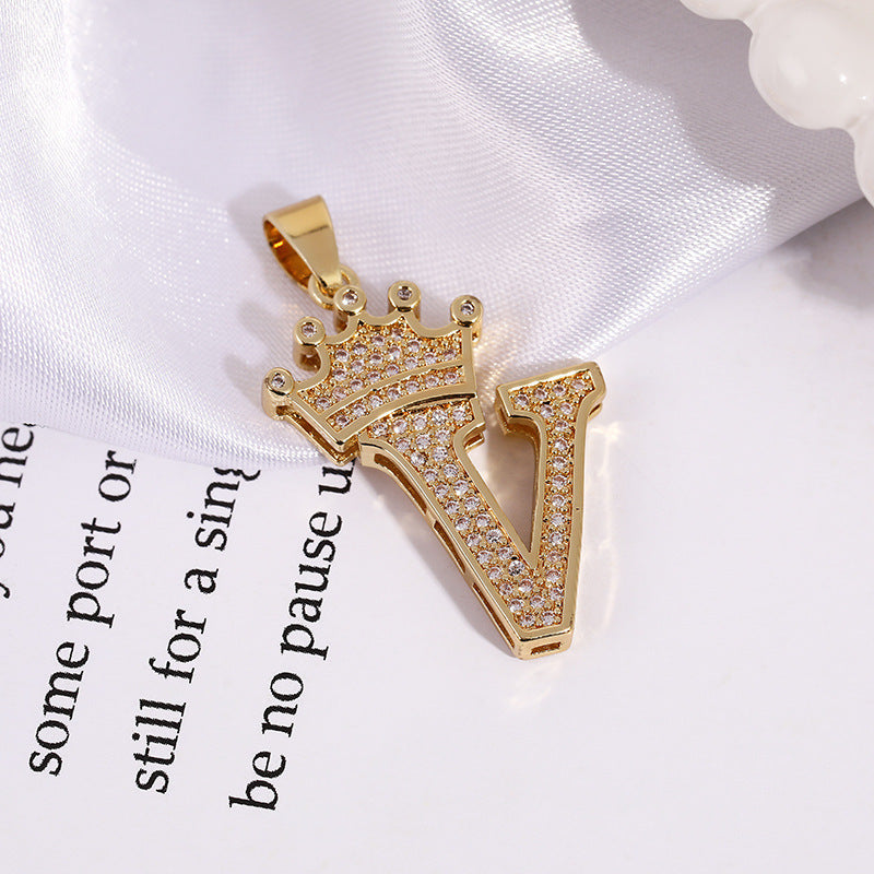 A (single Pendant) Gold Brass And Diamond-encrusted Crown Pendant With The Letters 26 (without Chain)