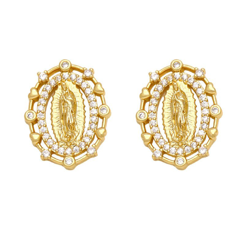 Fashion A Copper Inlaid Zirconium Virgin Mary Oval Stud Earrings