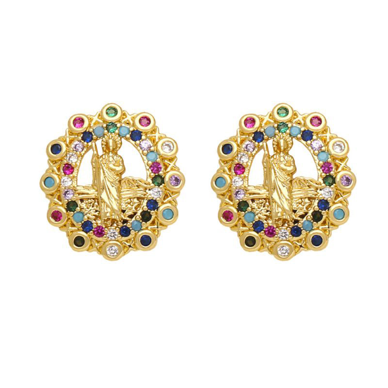 Fashion A Copper Inlaid Zirconium Virgin Mary Oval Stud Earrings