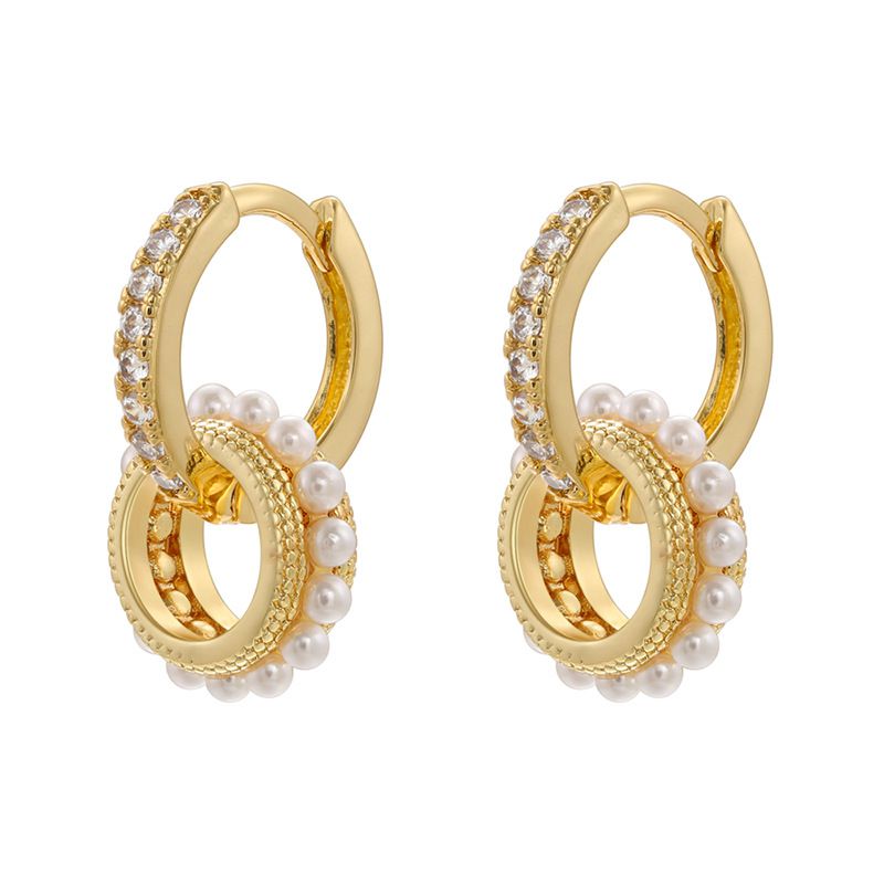 Fashion Ve1135 Gold 1 Pair Gold-plated Copper Round Earrings With Diamonds And Pearls