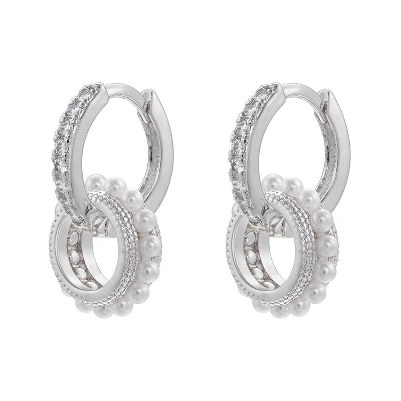 Fashion Ve1135 Gold 1 Pair Gold-plated Copper Round Earrings With Diamonds And Pearls