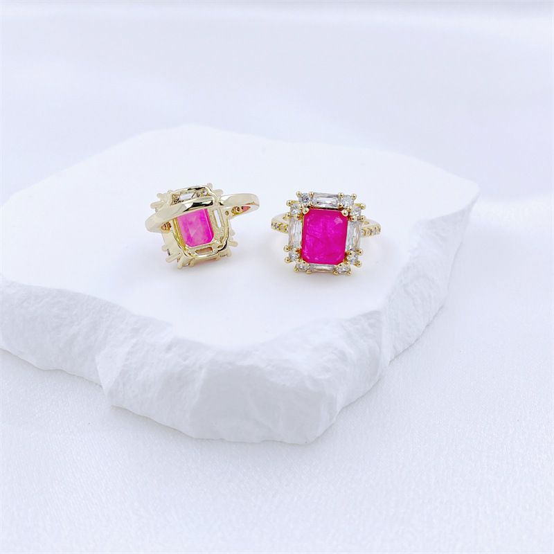 Fashion Rose Red Copper Inlaid Zirconium Square Open Ring (single)