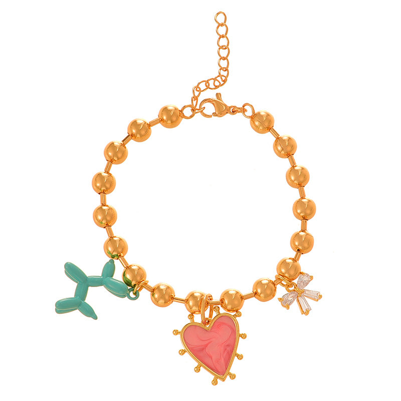 Fashion Golden 2 Copper Inlaid Zircon Drop Oil Love Balloon Dog Pendant Bead Bracelet (6mm)